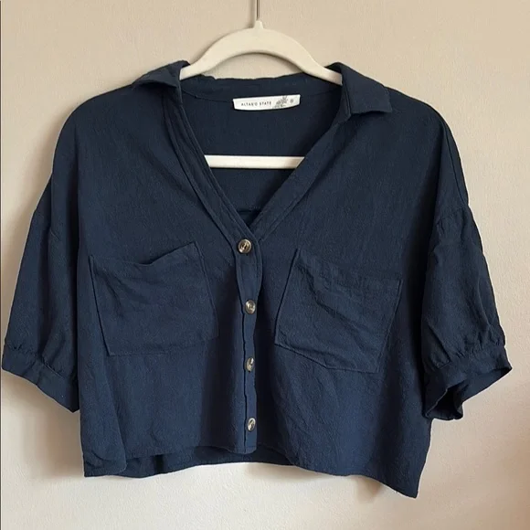 ALTARD STATE: Navy Button-Up Crop Top - Picture 1 of 4